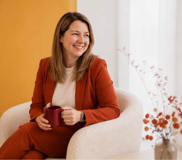 Kimberly Verleyen met koffie, ontspannen in interieur